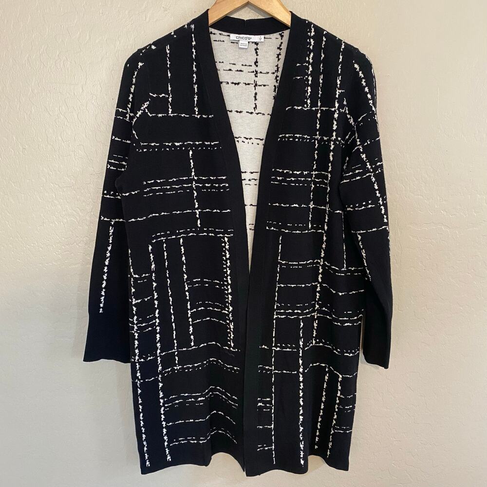 Chico's Black & White Checkered Cardigan Womens Size 1 Medium Windowpane - Picture 2 of 5